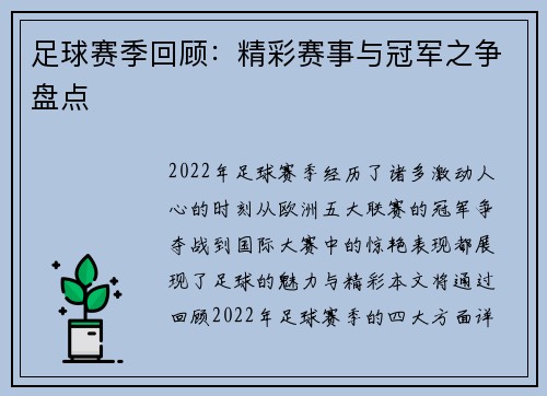 足球赛季回顾：精彩赛事与冠军之争盘点