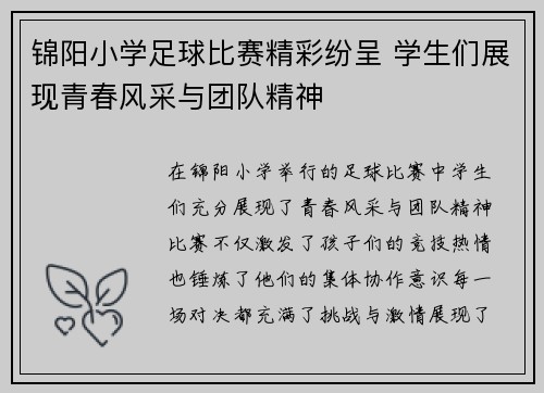 锦阳小学足球比赛精彩纷呈 学生们展现青春风采与团队精神