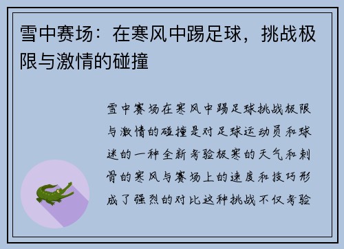 雪中赛场：在寒风中踢足球，挑战极限与激情的碰撞