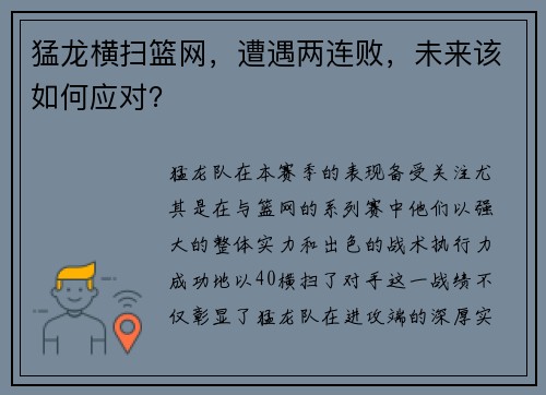 猛龙横扫篮网，遭遇两连败，未来该如何应对？