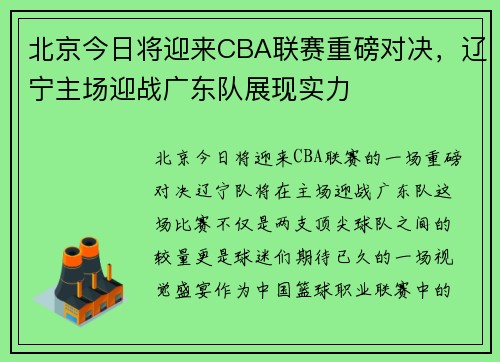 北京今日将迎来CBA联赛重磅对决，辽宁主场迎战广东队展现实力