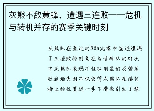 灰熊不敌黄蜂，遭遇三连败——危机与转机并存的赛季关键时刻
