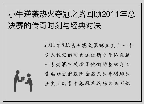 小牛逆袭热火夺冠之路回顾2011年总决赛的传奇时刻与经典对决
