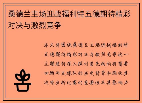 桑德兰主场迎战福利特五德期待精彩对决与激烈竞争