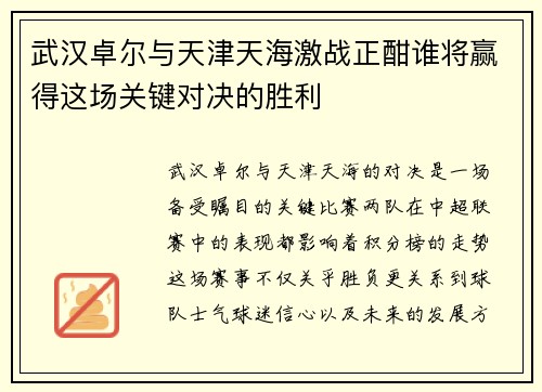 武汉卓尔与天津天海激战正酣谁将赢得这场关键对决的胜利