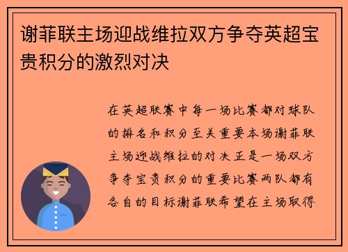 谢菲联主场迎战维拉双方争夺英超宝贵积分的激烈对决