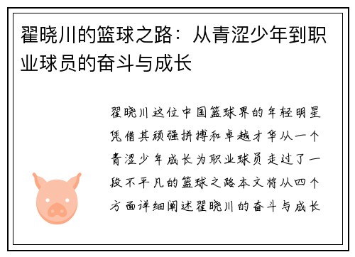 翟晓川的篮球之路：从青涩少年到职业球员的奋斗与成长