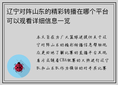 辽宁对阵山东的精彩转播在哪个平台可以观看详细信息一览