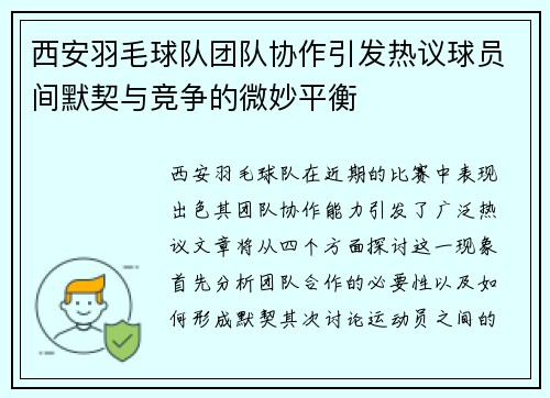 西安羽毛球队团队协作引发热议球员间默契与竞争的微妙平衡