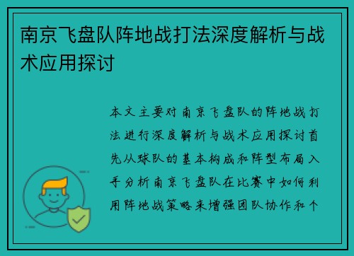 南京飞盘队阵地战打法深度解析与战术应用探讨