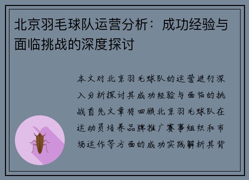 北京羽毛球队运营分析：成功经验与面临挑战的深度探讨