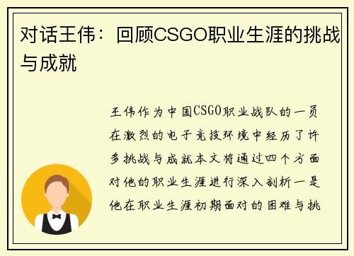 对话王伟：回顾CSGO职业生涯的挑战与成就